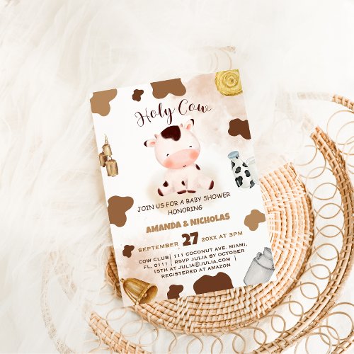 Holy Cow Neutral Watercolor Baby Shower  Invitation