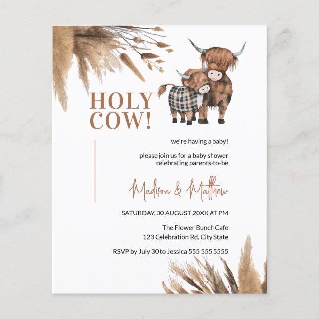 Holy Cow Pampas Rustic Farm Baby Shower Invite (Front)