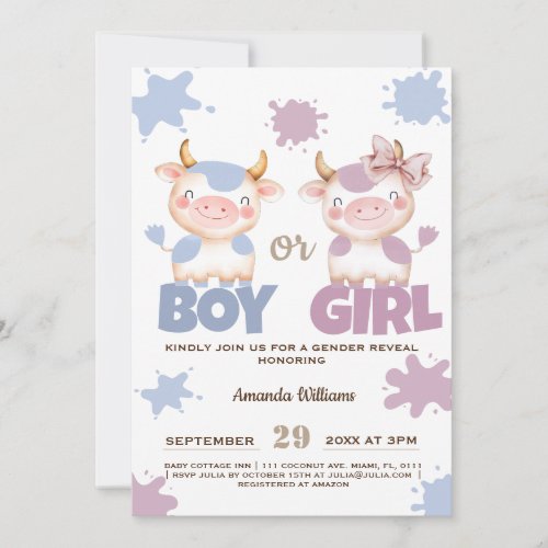 Holy cow  pink blue gender reveal  invitation