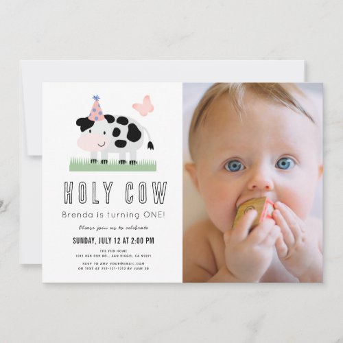 Holy Cow Pink Butterfly Girl 1st Birthday Photo Invitation