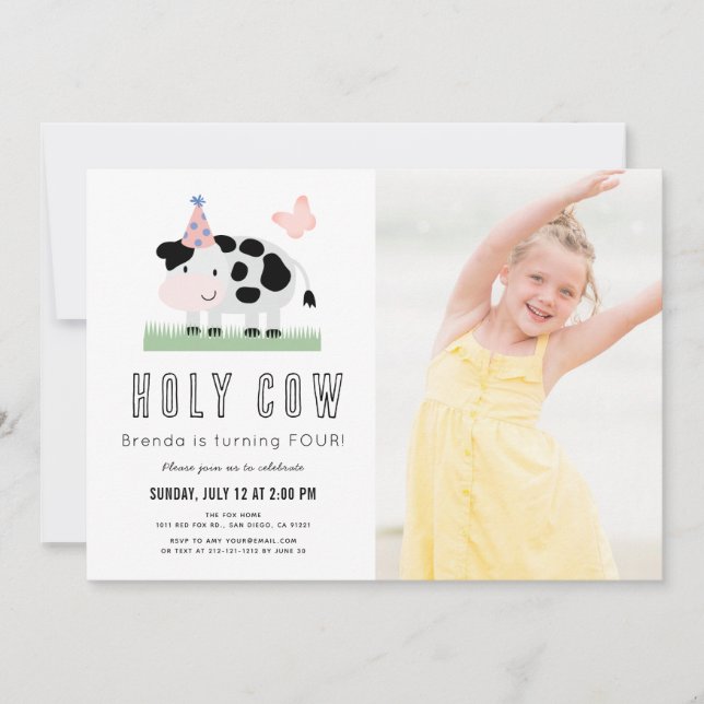 Holy Cow Pink Butterfly Girl Birthday Photo Invitation (Front)