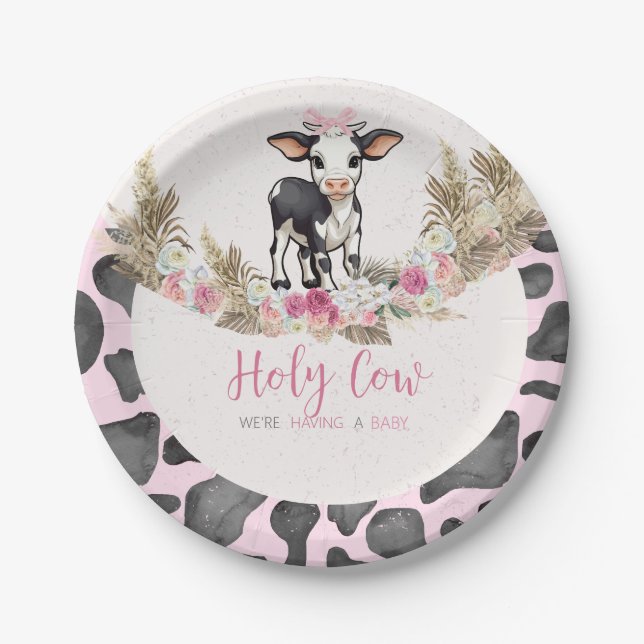 Holy Cow Pink cow print baby shower Paper Plates (Front)