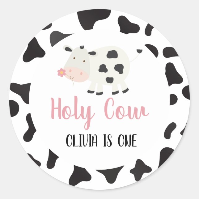 Holy Cow Pink Daisy Cow Print Birthday Classic Round Sticker (Front)