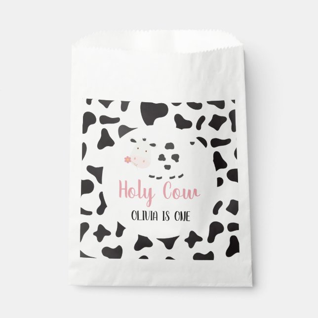 Holy Cow Pink Daisy Cow Print Birthday Favor Bag (Front)