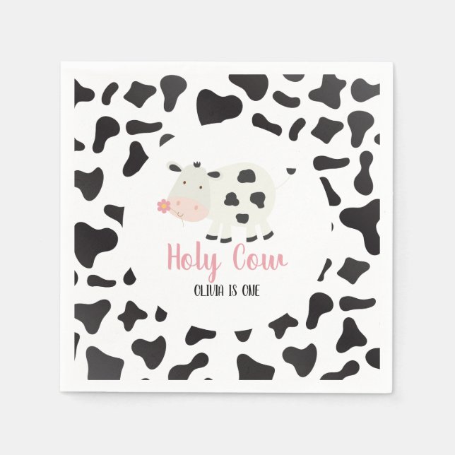 Holy Cow Pink Daisy Cow Print Birthday Napkins (Front)