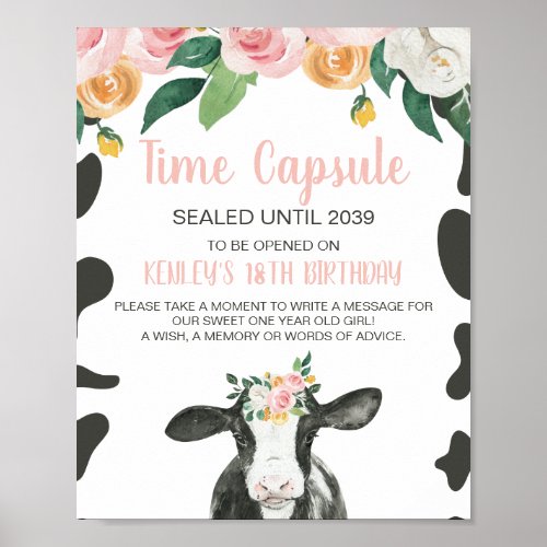 Holy Cow Pink Floral 1st Birthday Time Capsule Pos Poster