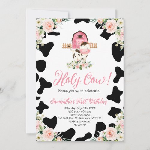 Holy Cow Pink Floral First Birthday Party Invitation