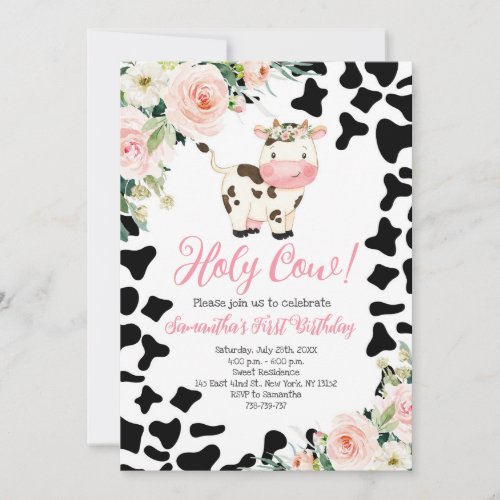 Holy Cow Pink Floral First Birthday Party  Invitation