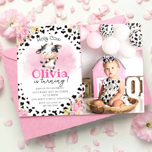 Holy Cow Pink Floral Girl 1st Birthday Invitation