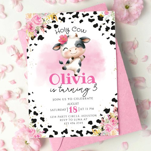 Holy Cow Pink Floral Girl Birthday Invitation