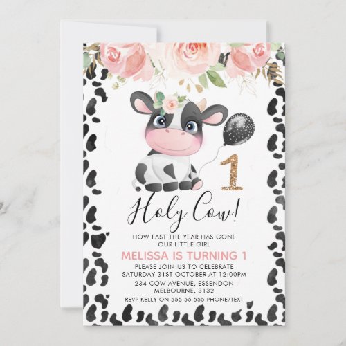 Holy Cow Pink Floral Gold One 1st Birthday Invitation