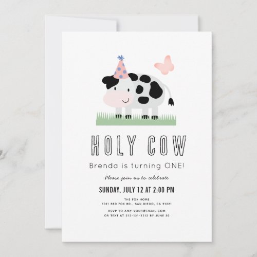Holy Cow Pink Party Hat Butterfly 1st Birthday Invitation