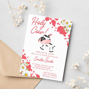 Holy cow pink pattern cute cow baby shower invitation