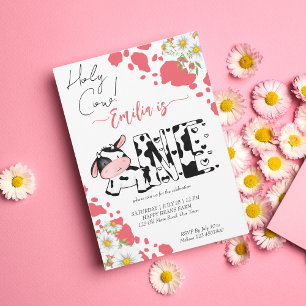 Holy cow pink pattern cute cow birthday party invitation