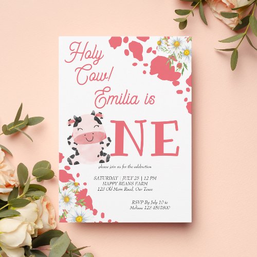 Holy cow pink pattern cute cow birthday party invitation