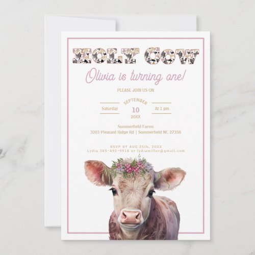 Holy Cow Pink Turning One Watercolor Birthday  Invitation