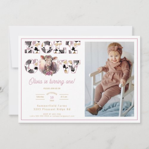 Holy Cow Pink Watercolor Photo Birthday Party Invitation