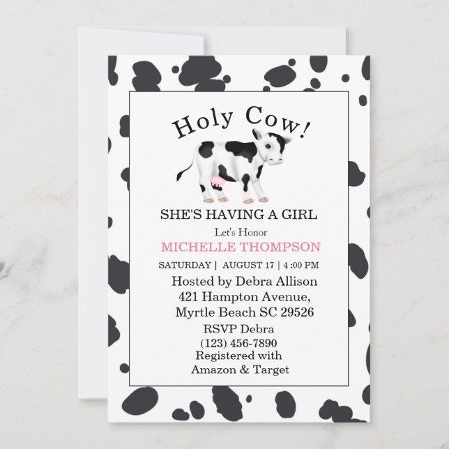 Holy Cow Print Girl Baby Shower   Invitation (Front)