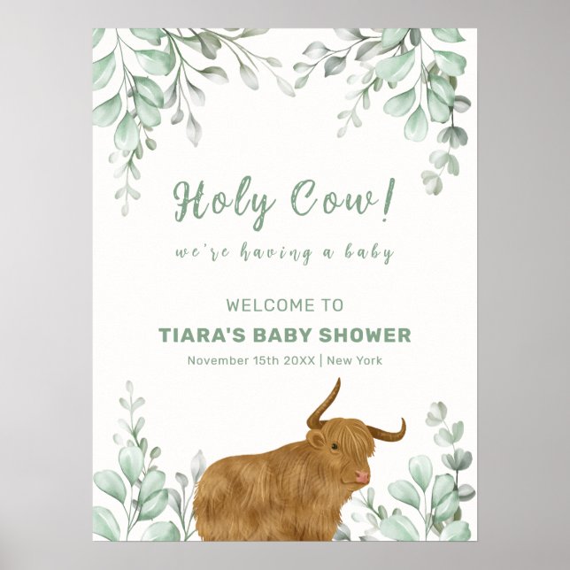 Holy Cow Rustic Boho Greenery Baby Shower Welcome  Poster (Front)