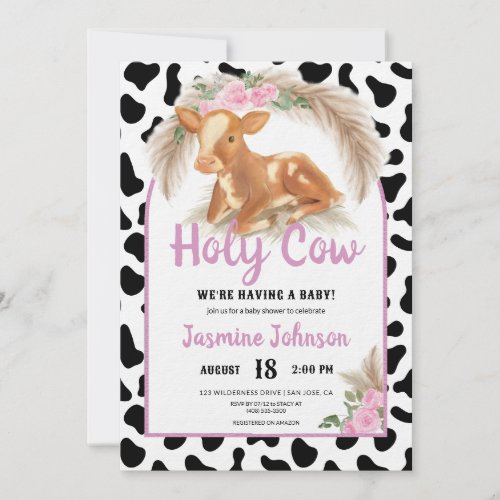 Holy Cow Rustic Western Floral Pampas Baby Shower Invitation