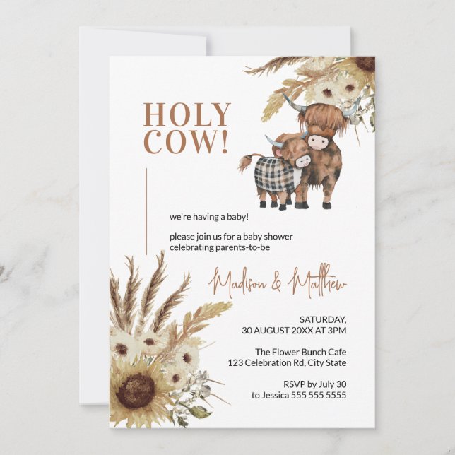 Holy Cow Sunflower Rustic Farm Baby Shower  Invitation (Front)