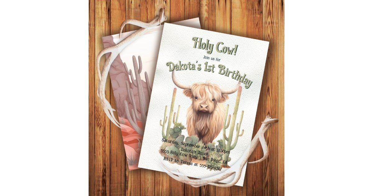 Holy Cow Turning One Highland Cow Birthday Invitation