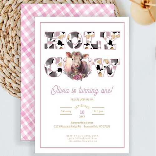 Holy Cow Turning One Pink Watercolor Birthday  Invitation