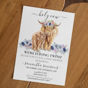 Holy Cow Twins Highland Calf Baby Shower Pink Blue Invitation