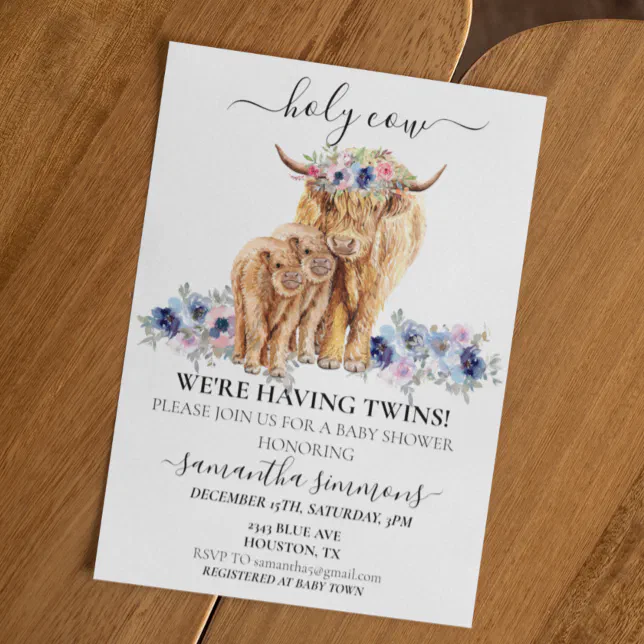 Holy Cow Twins Highland Calf Baby Shower Pink Blue Invitation | Zazzle