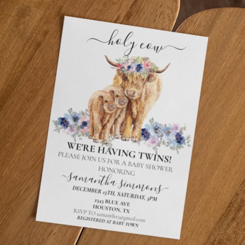 Holy Cow Twins Highland Calf Baby Shower Pink Blue Invitation