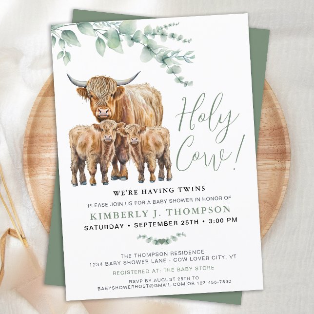 Holy Cow Twins Highland Calf Greenery Baby Shower Invitation (Creator Uploaded)