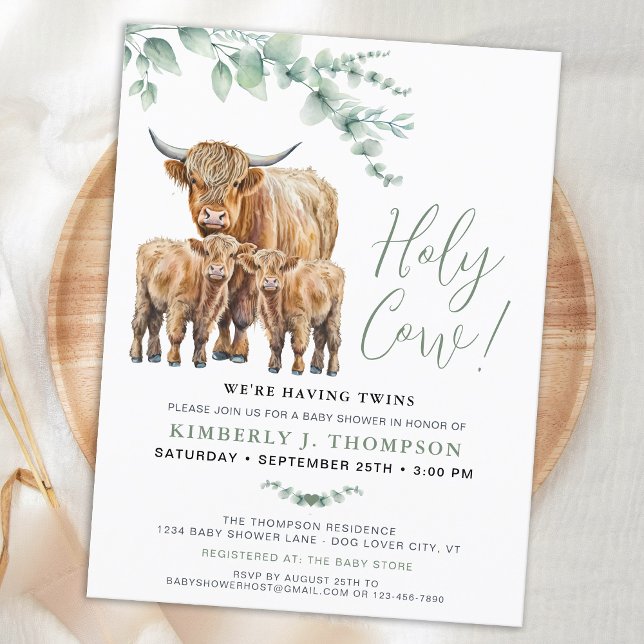 Holy Cow Twins Highland Calf Greenery Baby Shower Invitation Postcard (Creator Uploaded)