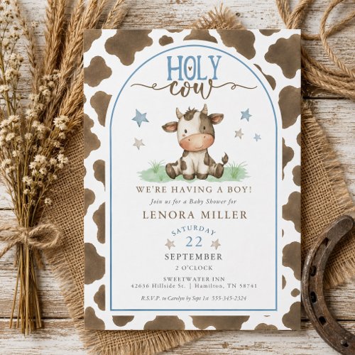 Holy Cow Watercolor Brown Cow Print Baby Shower Invitation