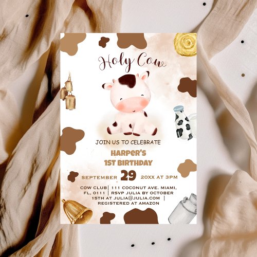 Holy cow watercolor cute birthday  invitation
