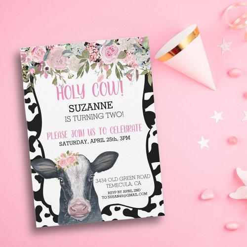 Holy Cow Watercolor Pink Flowers Spots  Invitation