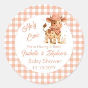 Holy Cow We're Having A Baby Rustic Peach Plaid Classic Round Sticker