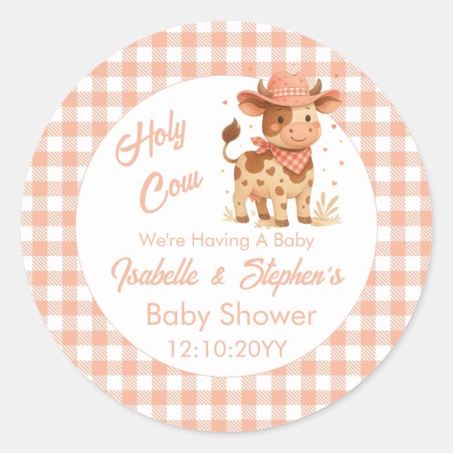 Holy Cow We're Having A Baby Rustic Peach Plaid  Classic Round Sticker (Front)
