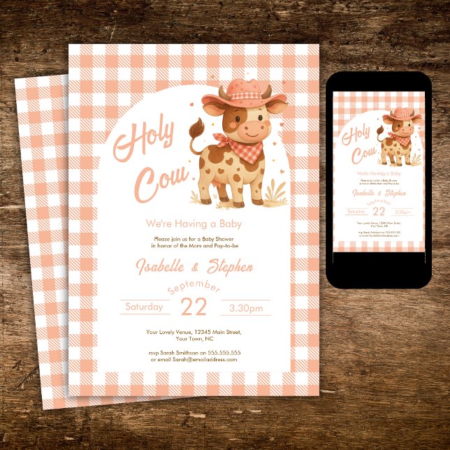 Holy Cow We're Having a Baby Rustic Peach Plaid  Invitation (Creator Uploaded)