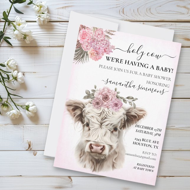 Holy Cow White Pink Highland Calf Baby Shower  Invitation (Creator Uploaded)