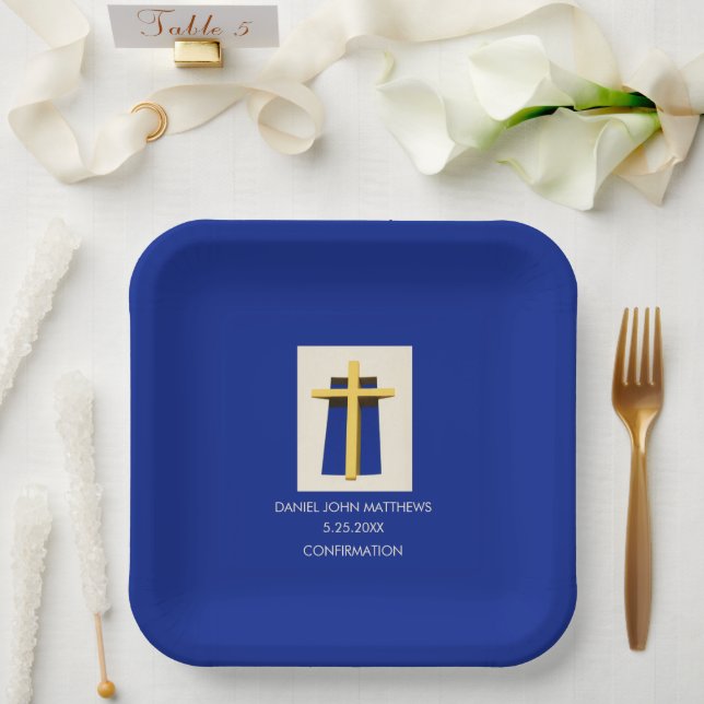 Holy Cross and Bold Blue Religious Confirmation  Paper Plates (Wedding)