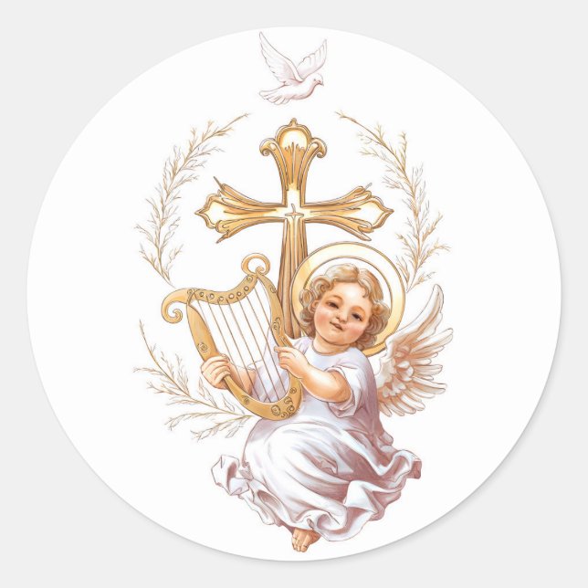 Holy Cross and Cupid Christian Classic Round Sticker (Front)