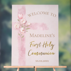 Holy Cross and flowers First Communion welcome Acrylic Sign