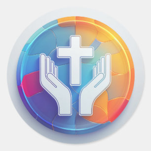 Holy Cross and Prayer Hands Classic Round Sticker