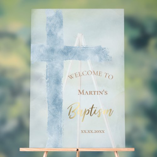 Holy Cross blue watercolor Baptism welcome sign