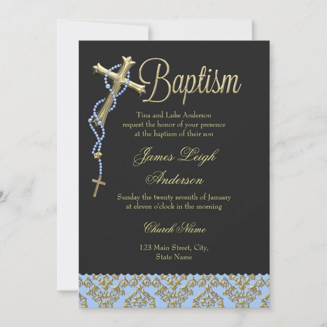 Holy Cross & Damask Blue Black Baptism Invitation (Front)