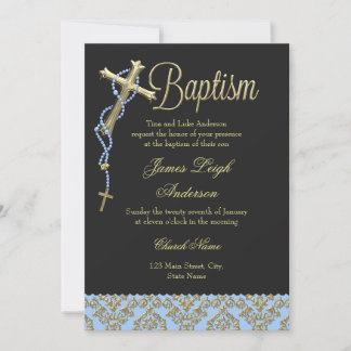 Holy Cross & Damask Blue Black Baptism Invitation