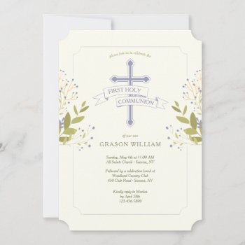 Holy Cross First Holy Communion Blue Invitation by CottonLamb at Zazzle