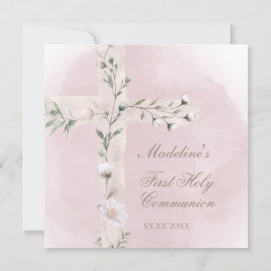Holy Cross on dusty pink First Holy Communion Invitation
