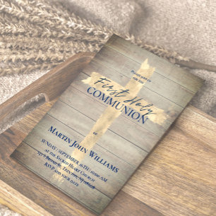 Holy Cross on wood First Communion Invitation