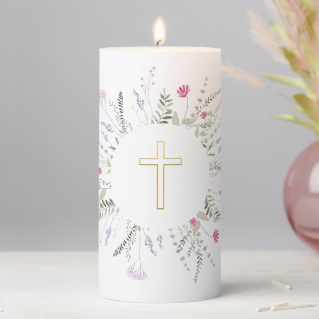Holy Cross wildflowers frame  Pillar Candle (In Situ)